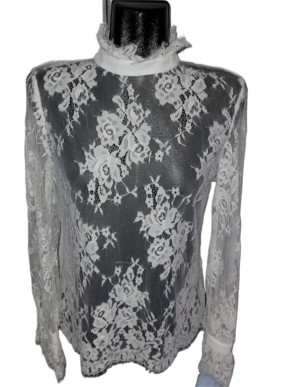 White Lace Mock Neck Long-Sleeve Top Size S